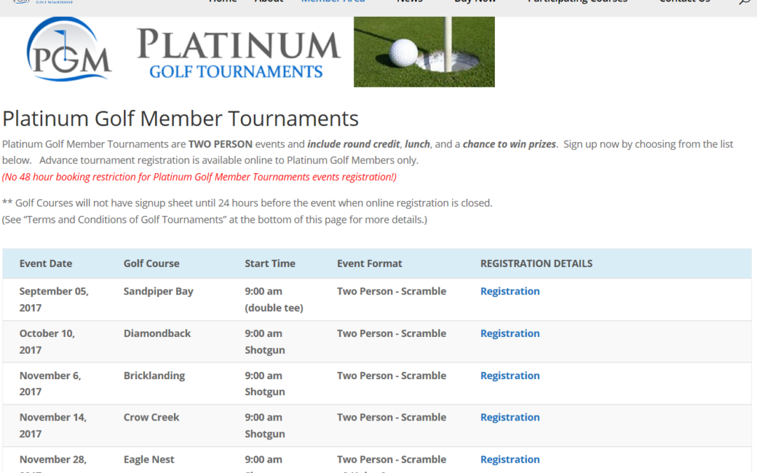 Platinum Golf Member Tournaments – Fall 2017