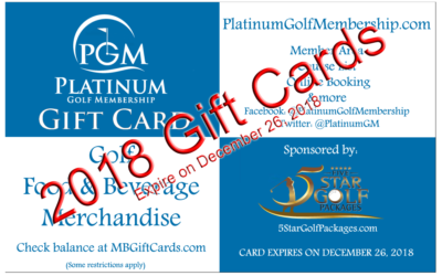 $100 Gift Cards (Platinum Golf Membership ™ -2018 & 2019)